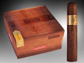 E.P Carrillo Cigars Inch Maduro Cigars No.70 24 Ct. Box, a wooden box with a cigar standing beside it.